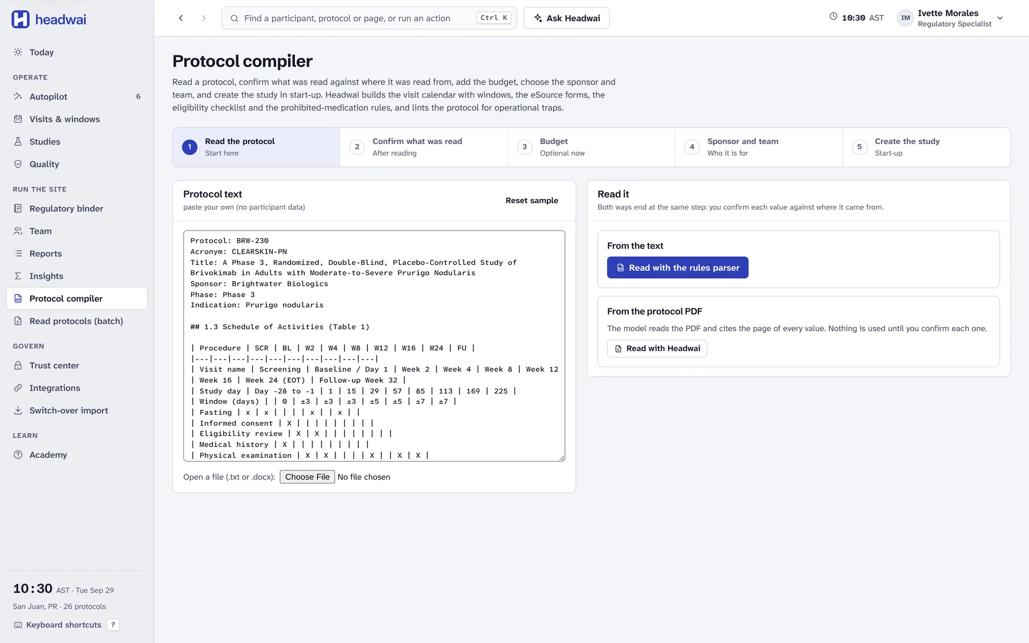 Headwai’s protocol compiler, where each value is confirmed by a person before the study is built.