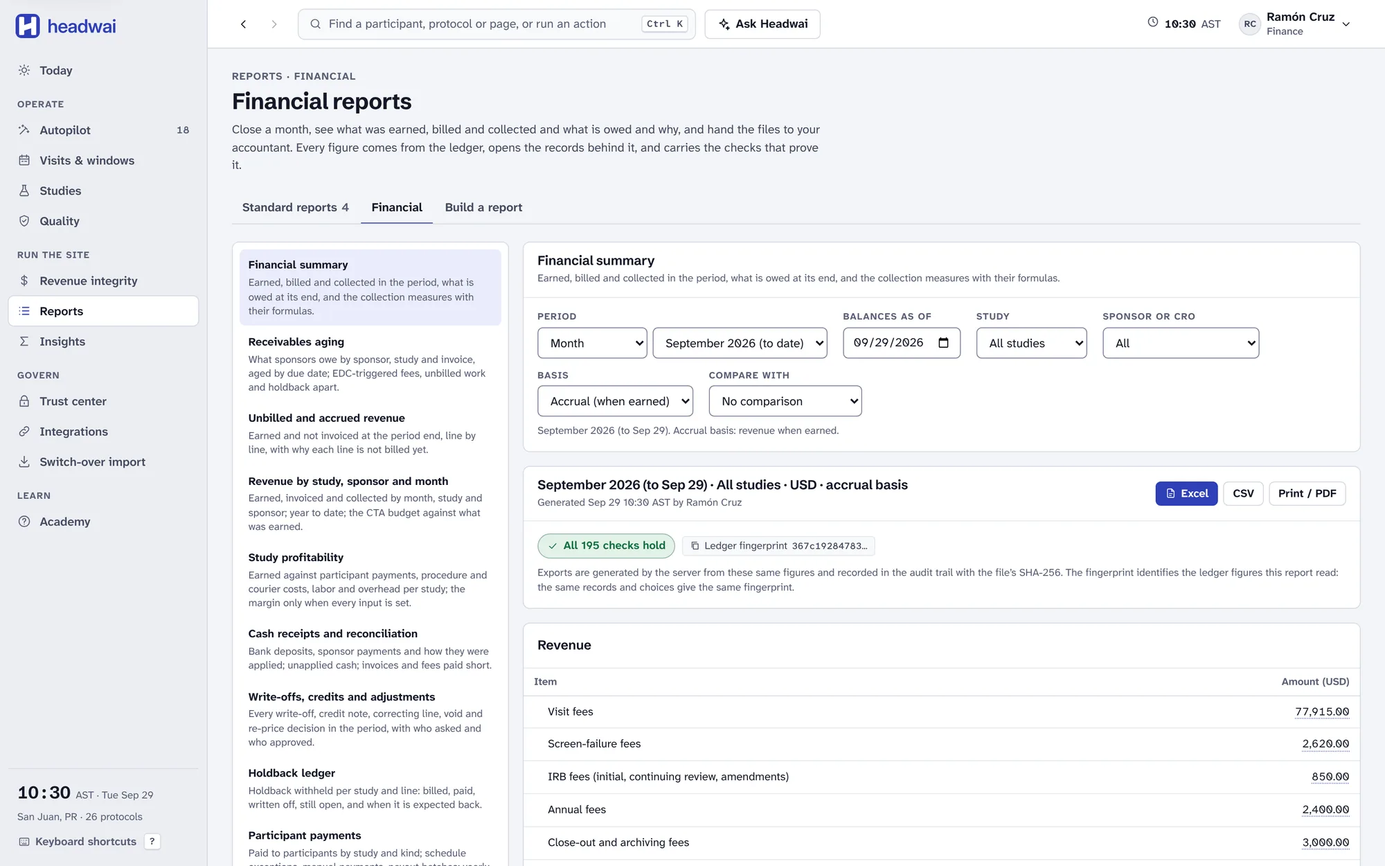 Headwai’s financial summary for September with period, basis and comparison choices, a green badge reading that all checks hold, the ledger fingerprint, and Excel, CSV and print buttons.