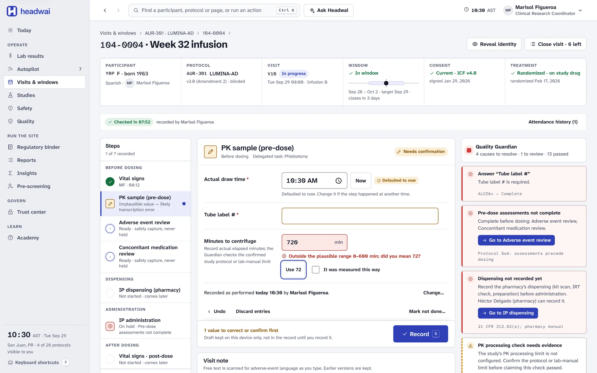 Headwai’s visit screen, with the consent check at the top of the Quality Guardian.